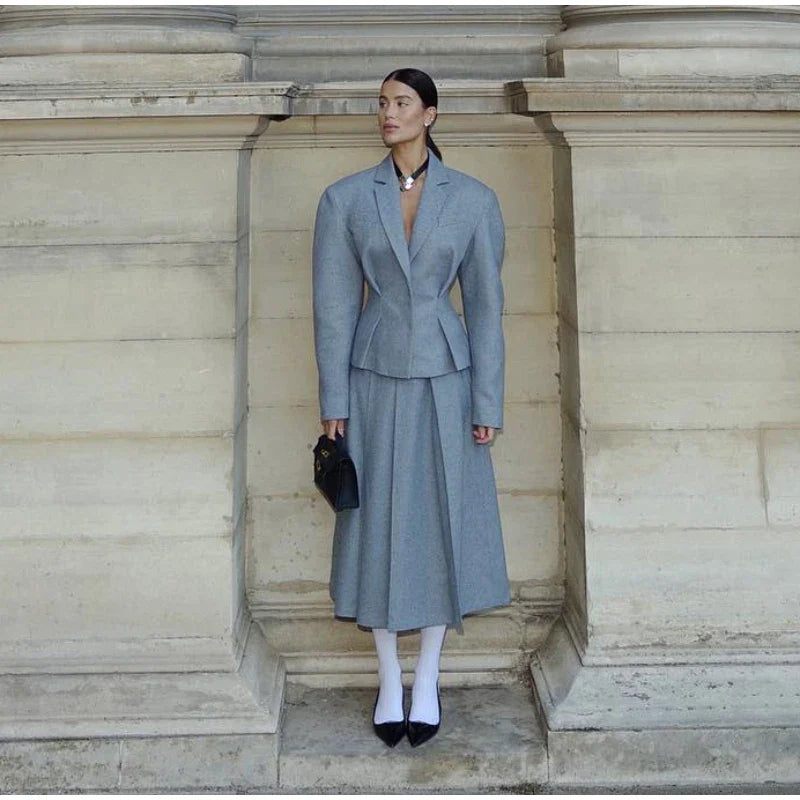 Elegant Women's Woolen Coat and Skirt Set Grey Lapel Blazer with Hidden Buckle and Pleated Midi Skirt Autumn Winter Fashion Ensemble