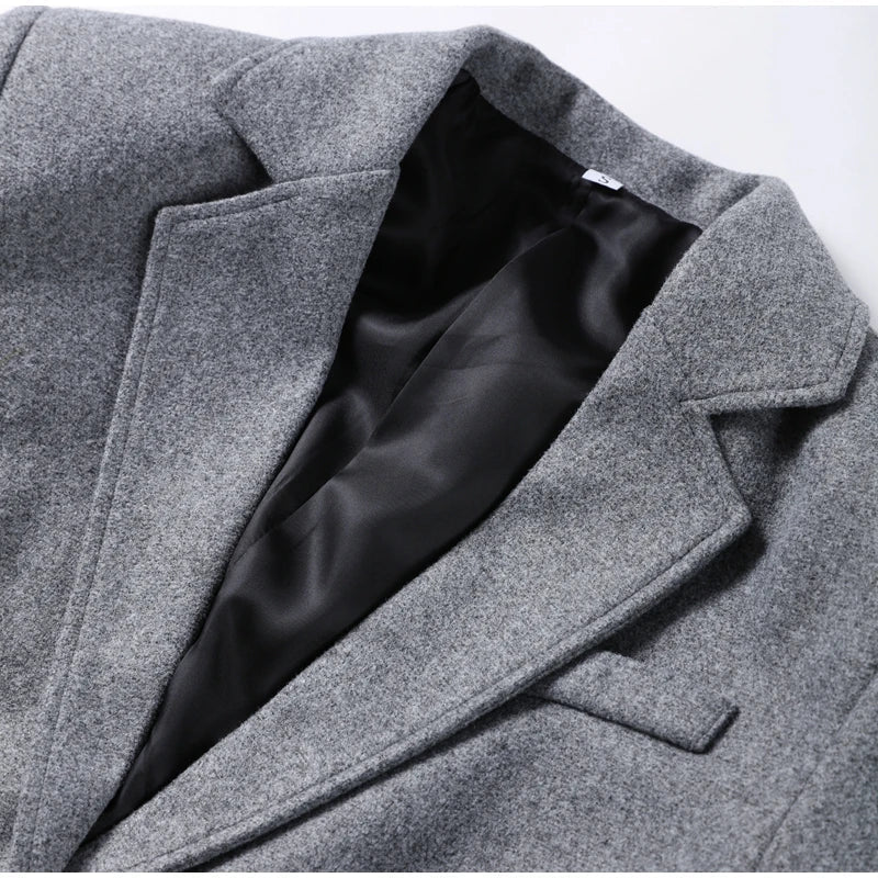 Elegant Women's Woolen Coat and Skirt Set Grey Lapel Blazer with Hidden Buckle and Pleated Midi Skirt Autumn Winter Fashion Ensemble