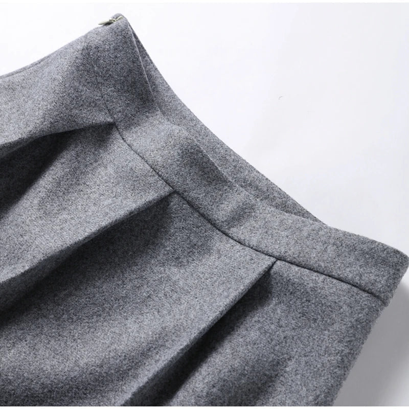 Elegant Women's Woolen Coat and Skirt Set Grey Lapel Blazer with Hidden Buckle and Pleated Midi Skirt Autumn Winter Fashion Ensemble