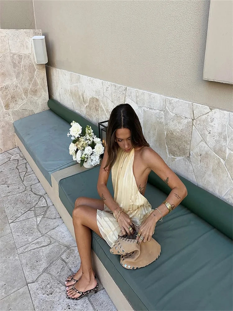 Sexy Halter Ruffle Mini Dress for Women Sleeveless Backless Lace Up Summer Beach Party Vacation Short Robe