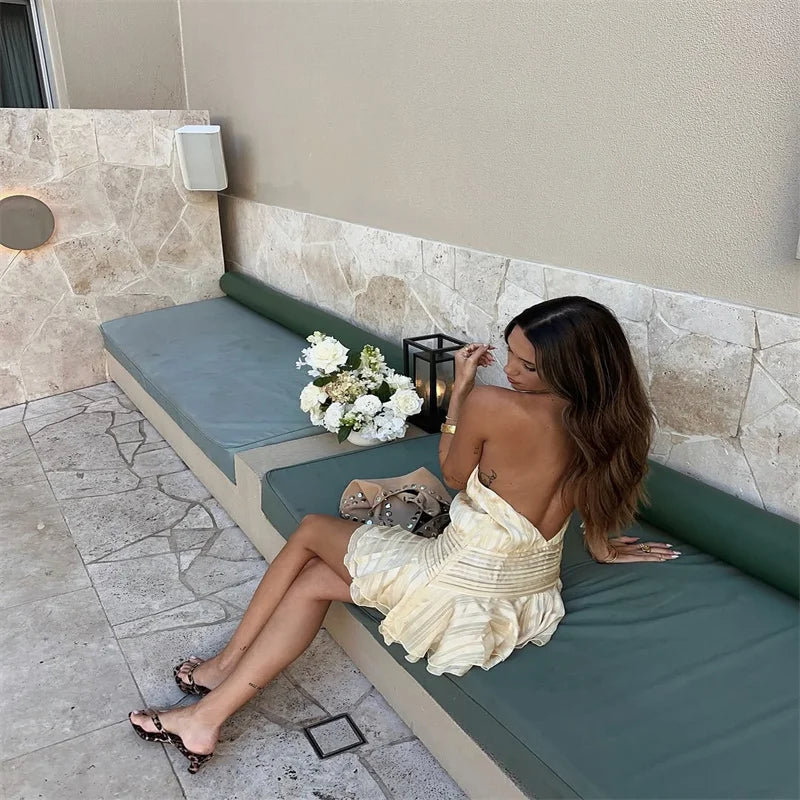 Sexy Halter Ruffle Mini Dress for Women Sleeveless Backless Lace Up Summer Beach Party Vacation Short Robe