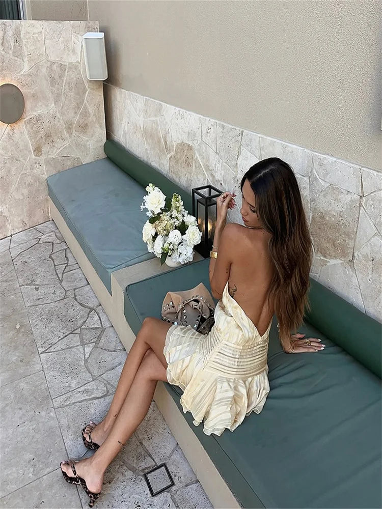 Sexy Halter Ruffle Mini Dress for Women Sleeveless Backless Lace Up Summer Beach Party Vacation Short Robe