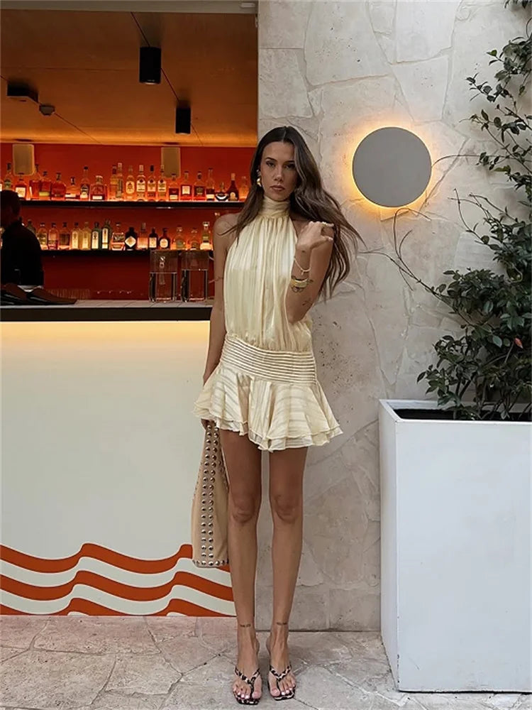 Sexy Halter Ruffle Mini Dress for Women Sleeveless Backless Lace Up Summer Beach Party Vacation Short Robe