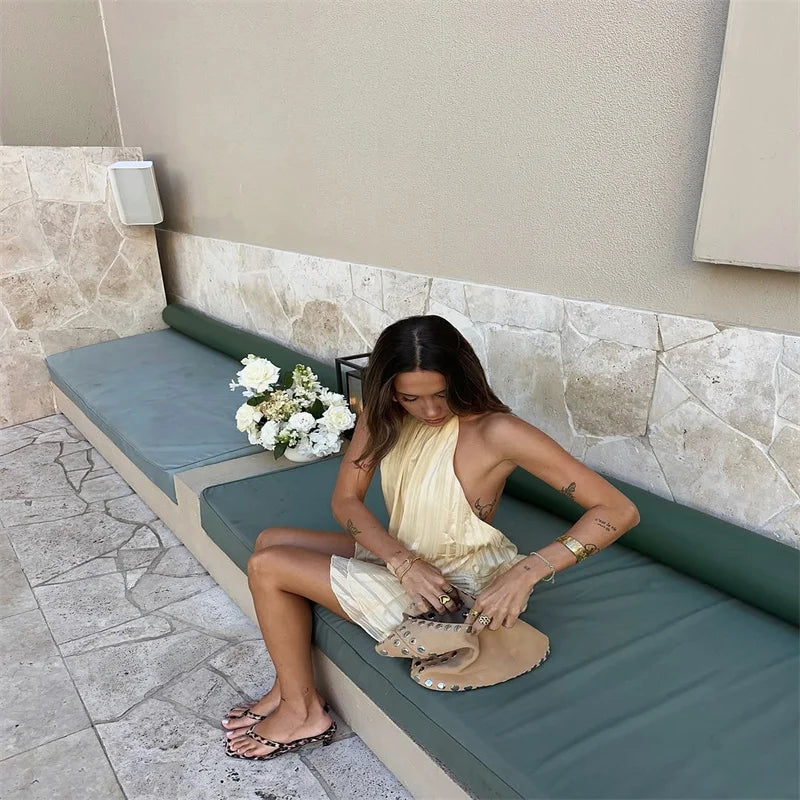 Sexy Halter Ruffle Mini Dress for Women Sleeveless Backless Lace Up Summer Beach Party Vacation Short Robe