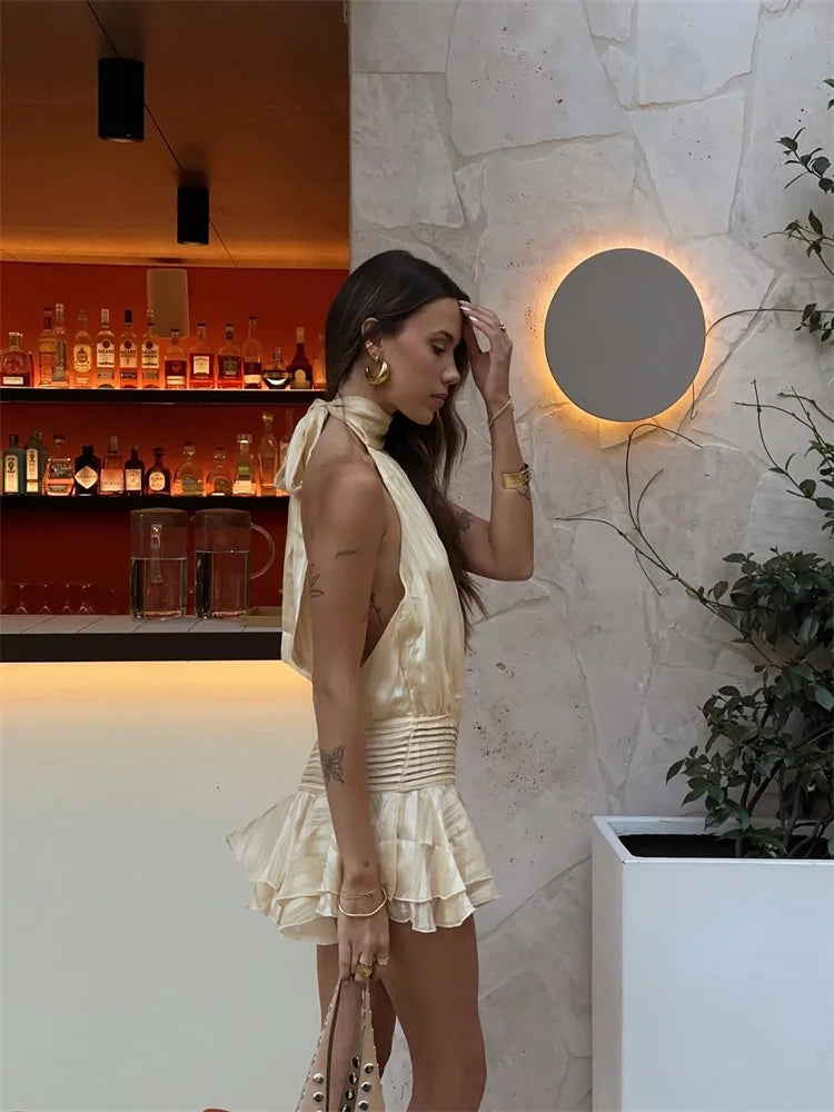 Sexy Halter Ruffle Mini Dress for Women Sleeveless Backless Lace Up Summer Beach Party Vacation Short Robe