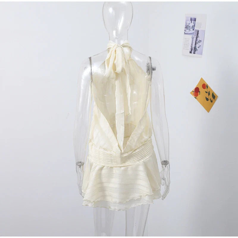 Sexy Halter Ruffle Mini Dress for Women Sleeveless Backless Lace Up Summer Beach Party Vacation Short Robe