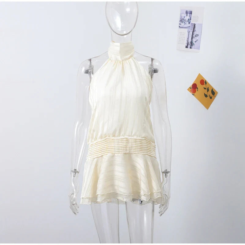 Sexy Halter Ruffle Mini Dress for Women Sleeveless Backless Lace Up Summer Beach Party Vacation Short Robe