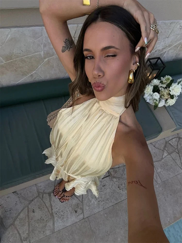 Sexy Halter Ruffle Mini Dress for Women Sleeveless Backless Lace Up Summer Beach Party Vacation Short Robe