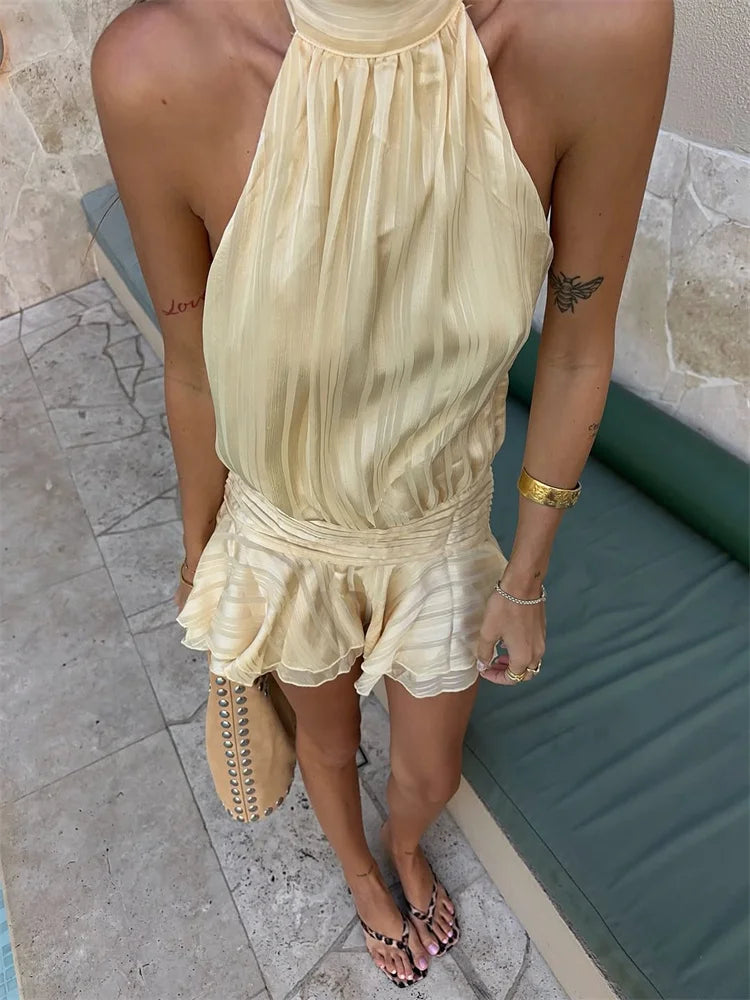 Sexy Halter Ruffle Mini Dress for Women Sleeveless Backless Lace Up Summer Beach Party Vacation Short Robe