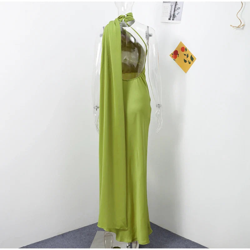 Elegant Solid Ribbon Women's Halter Dress Off Shoulder Sleeveless Backless Slim Fit Maxi Dress for Summer