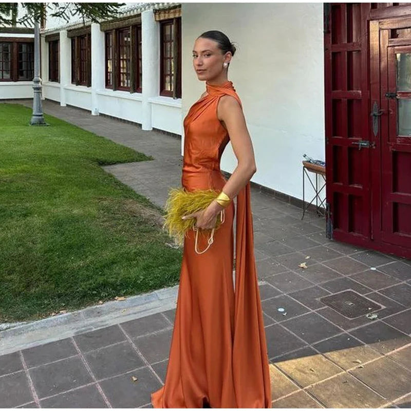 Elegant Solid Ribbon Women's Halter Dress Off Shoulder Sleeveless Backless Slim Fit Maxi Dress for Summer