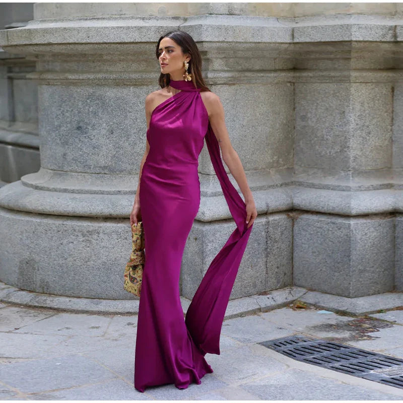 Elegant Solid Ribbon Women's Halter Dress Off Shoulder Sleeveless Backless Slim Fit Maxi Dress for Summer