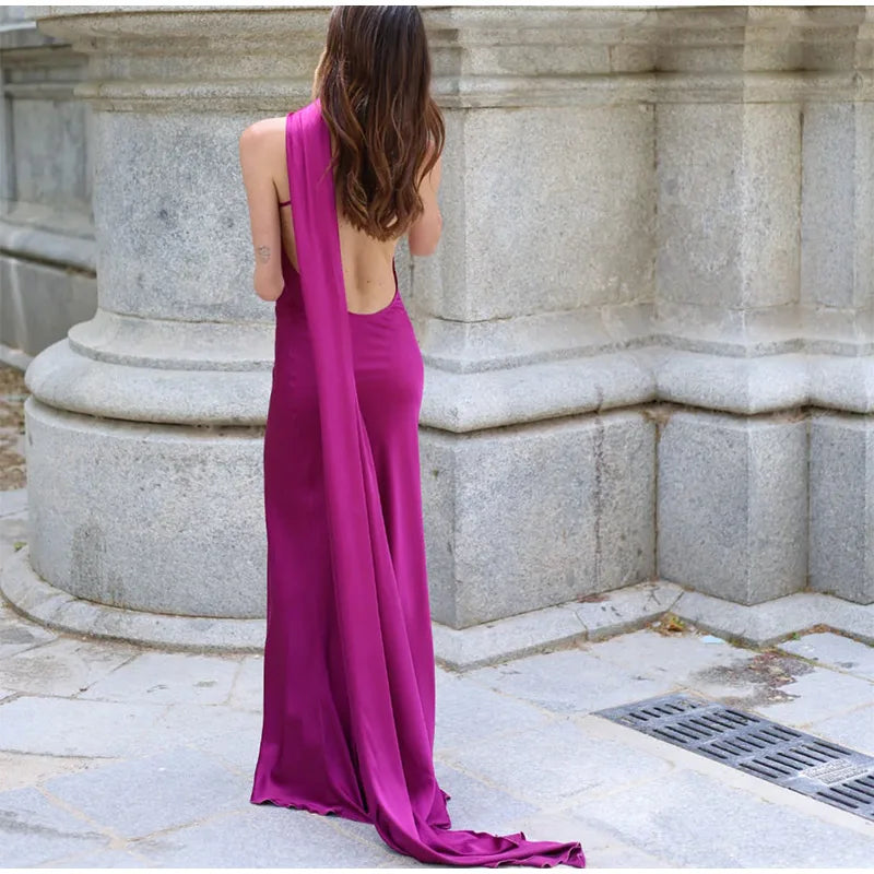 Elegant Solid Ribbon Women's Halter Dress Off Shoulder Sleeveless Backless Slim Fit Maxi Dress for Summer