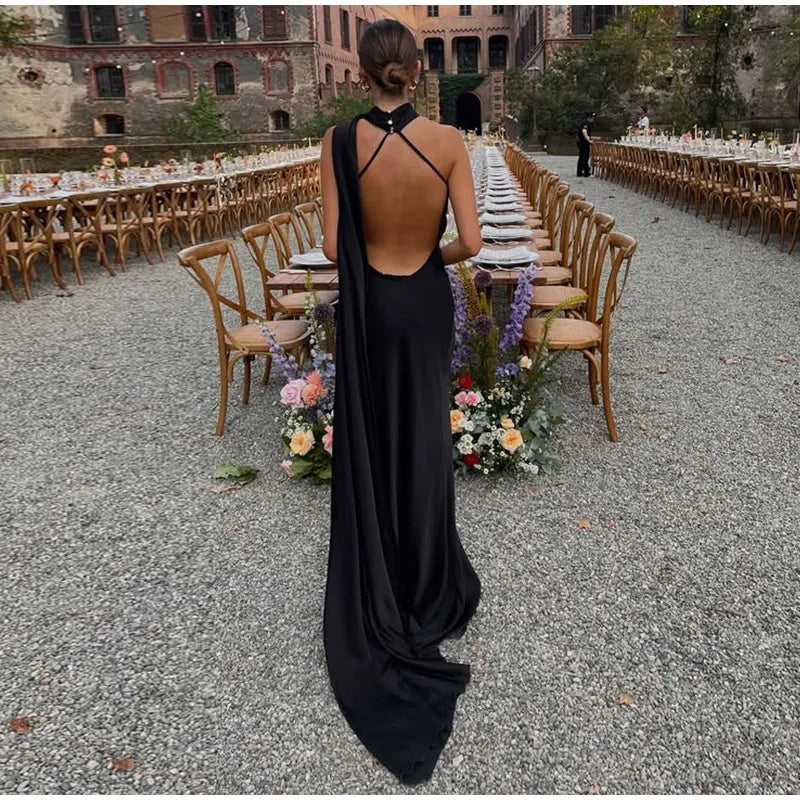 Elegant Solid Ribbon Women's Halter Dress Off Shoulder Sleeveless Backless Slim Fit Maxi Dress for Summer