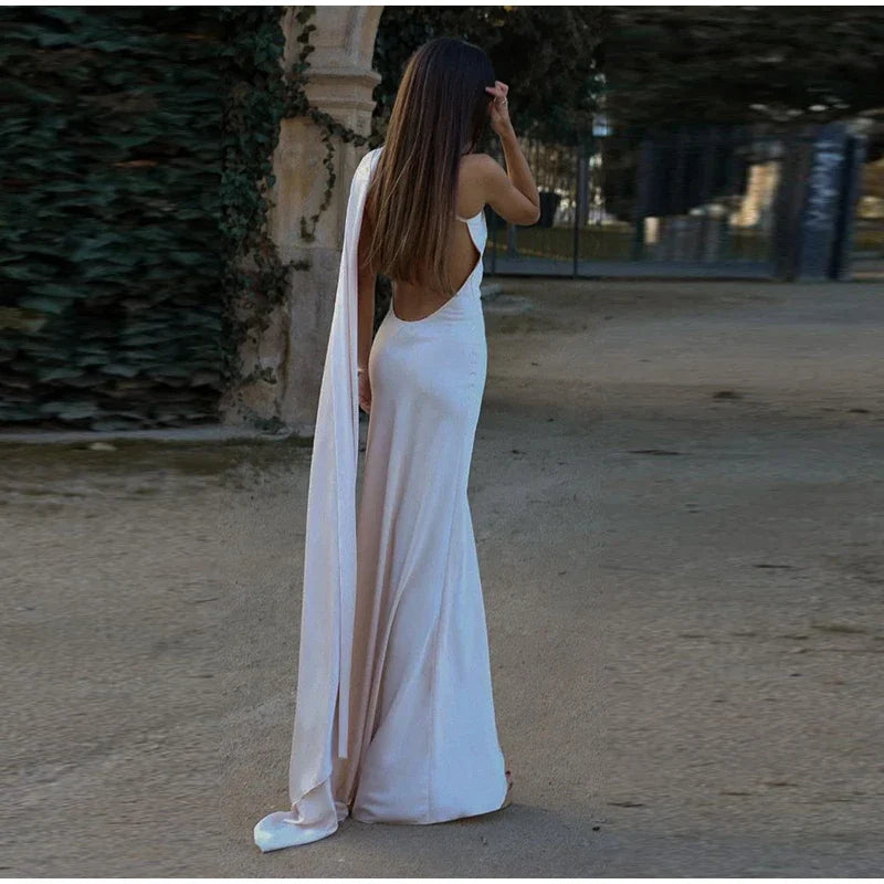 Elegant Solid Ribbon Women's Halter Dress Off Shoulder Sleeveless Backless Slim Fit Maxi Dress for Summer