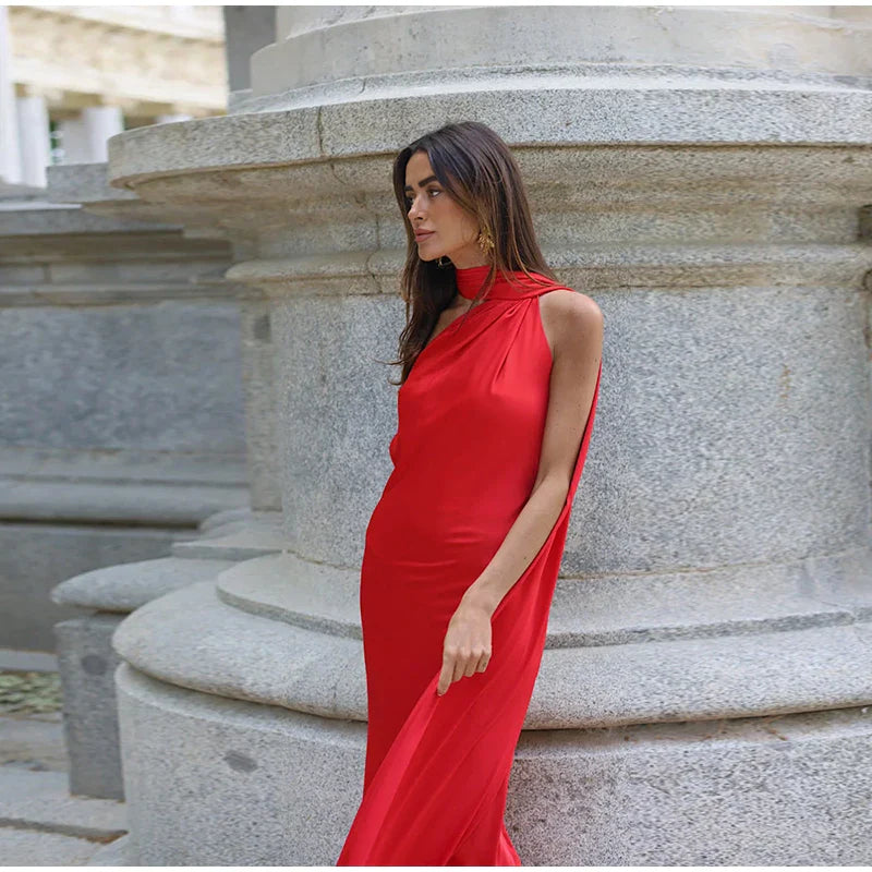 Elegant Solid Ribbon Women's Halter Dress Off Shoulder Sleeveless Backless Slim Fit Maxi Dress for Summer