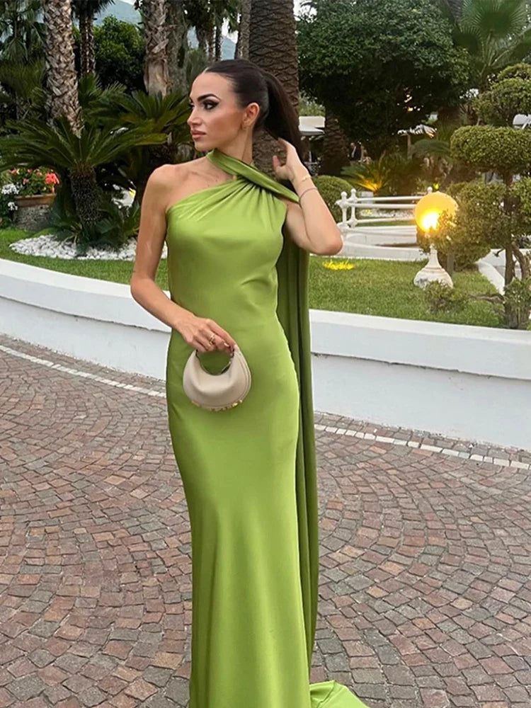 Elegant Solid Ribbon Women's Halter Dress Off Shoulder Sleeveless Backless Slim Fit Maxi Dress for Summer