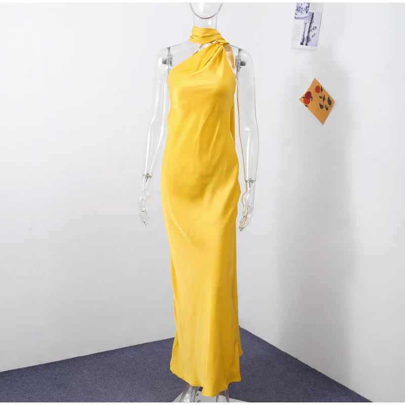 Elegant Solid Ribbon Women's Halter Dress Off Shoulder Sleeveless Backless Slim Fit Maxi Dress for Summer