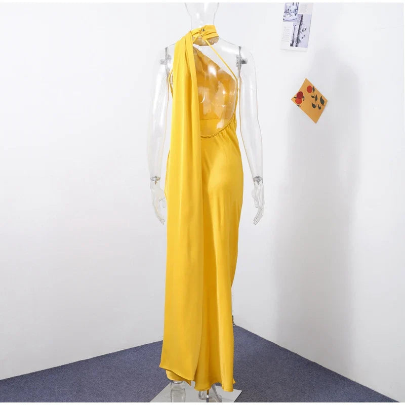 Elegant Solid Ribbon Women's Halter Dress Off Shoulder Sleeveless Backless Slim Fit Maxi Dress for Summer