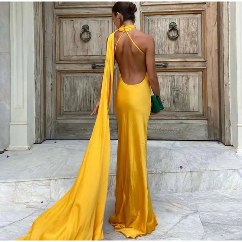 Elegant Solid Ribbon Women's Halter Dress Off Shoulder Sleeveless Backless Slim Fit Maxi Dress for Summer