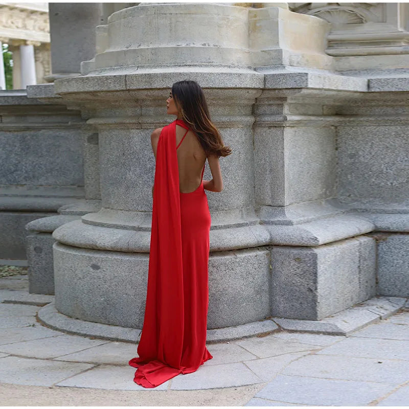 Elegant Solid Ribbon Women's Halter Dress Off Shoulder Sleeveless Backless Slim Fit Maxi Dress for Summer