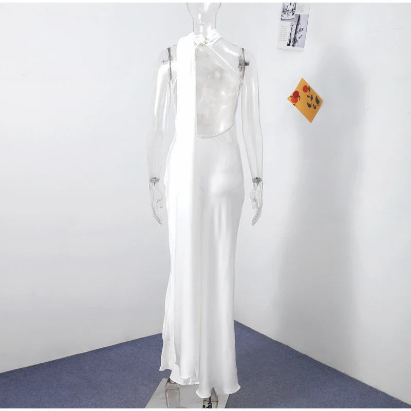 Elegant Solid Ribbon Women's Halter Dress Off Shoulder Sleeveless Backless Slim Fit Maxi Dress for Summer