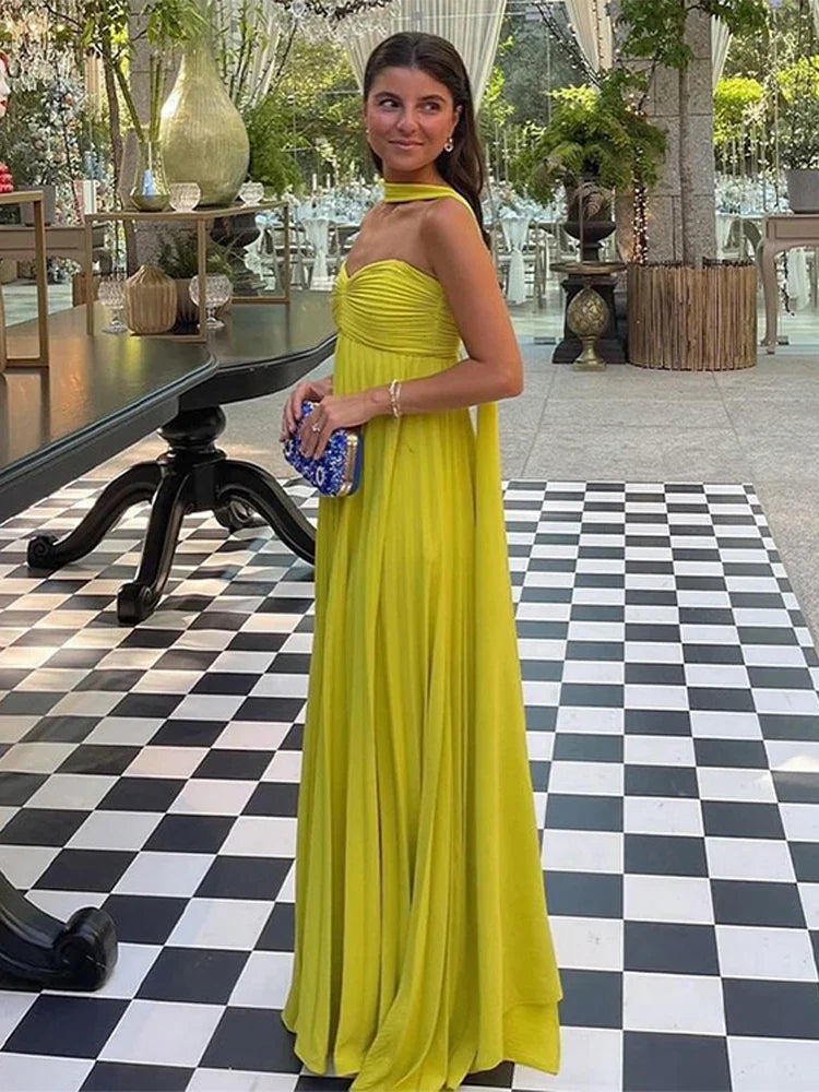 Elegant Strapless Ribbon Maxi Dress for Women Sleeveless Backless Pleated Evening Party Dress Female Summer Sexy Lady Vestido