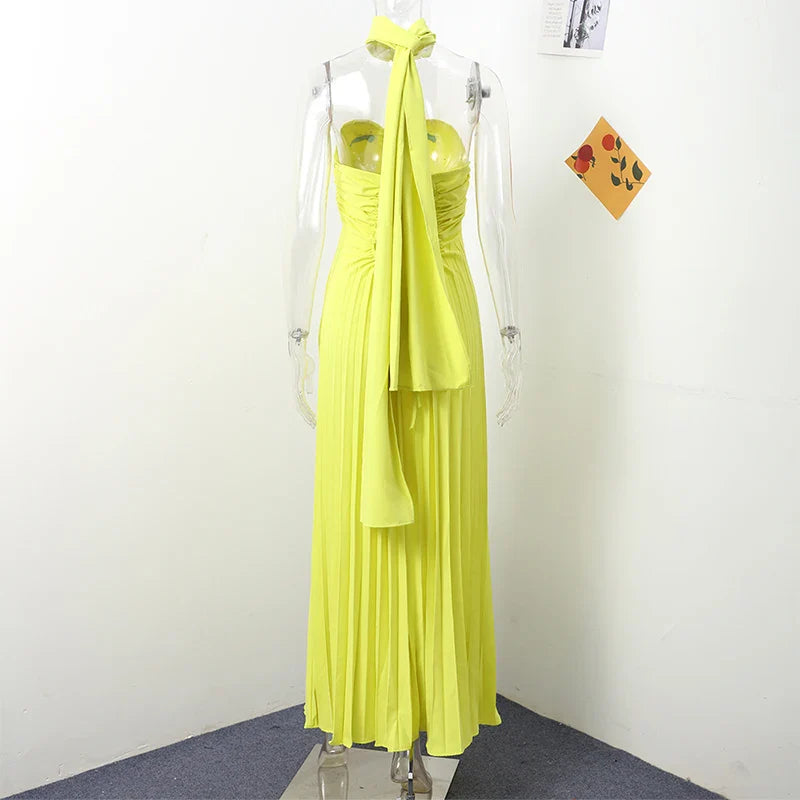 Elegant Strapless Ribbon Maxi Dress for Women Sleeveless Backless Pleated Evening Party Dress Female Summer Sexy Lady Vestido