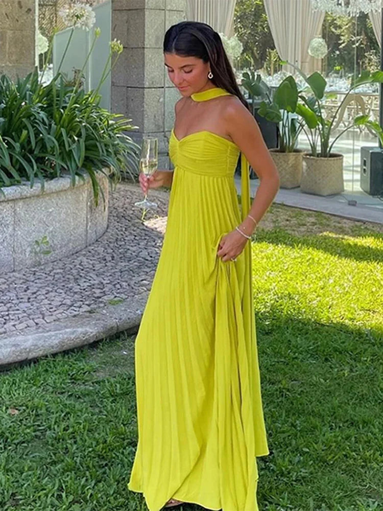 Elegant Strapless Ribbon Maxi Dress for Women Sleeveless Backless Pleated Evening Party Dress Female Summer Sexy Lady Vestido