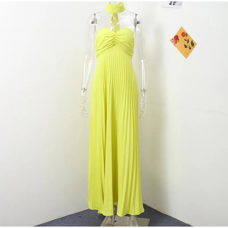 Elegant Strapless Ribbon Maxi Dress for Women Sleeveless Backless Pleated Evening Party Dress Female Summer Sexy Lady Vestido