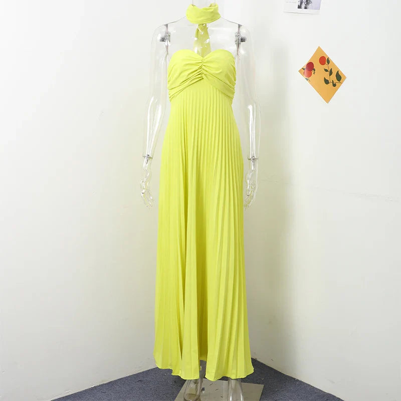 Elegant Strapless Ribbon Maxi Dress for Women Sleeveless Backless Pleated Evening Party Dress Female Summer Sexy Lady Vestido