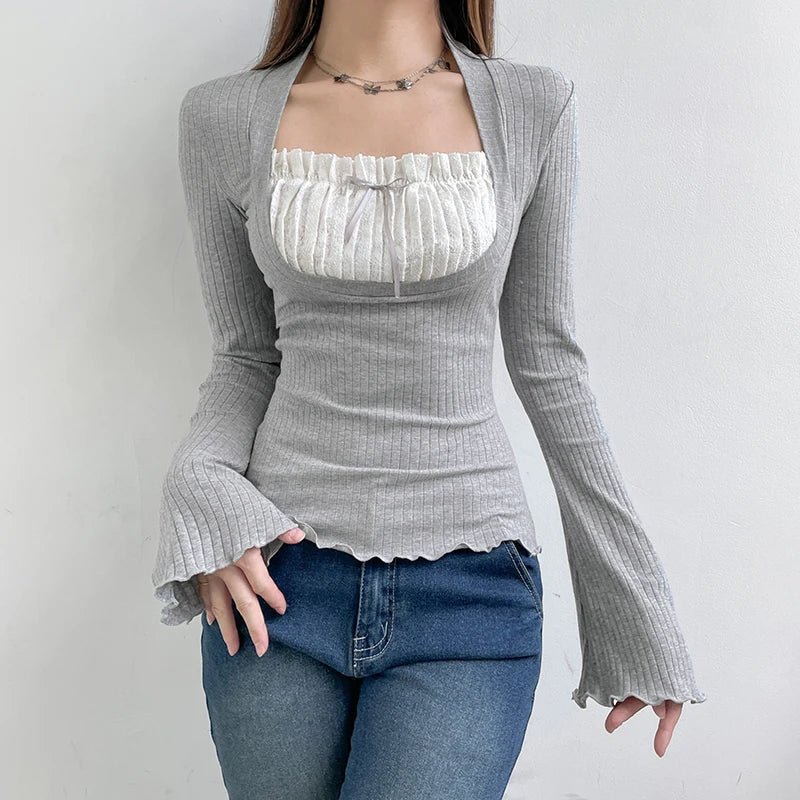 Cute Bow Stitched Crop Top for Women Kawaii Square Collar Full Sleeve Patchwork Fake Two-Piece Autumn Shirt