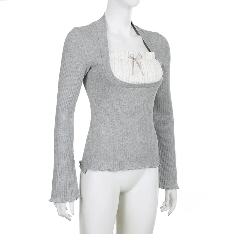 Cute Bow Stitched Crop Top for Women Kawaii Square Collar Full Sleeve Patchwork Fake Two-Piece Autumn Shirt