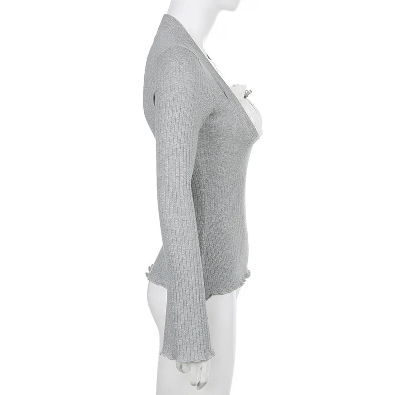 Cute Bow Stitched Crop Top for Women Kawaii Square Collar Full Sleeve Patchwork Fake Two-Piece Autumn Shirt