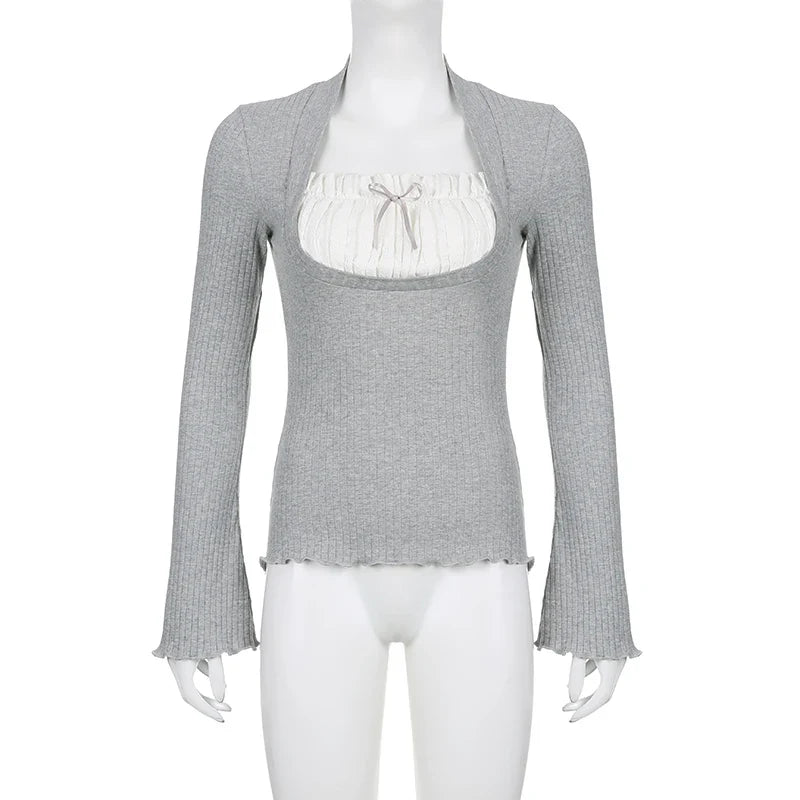 Cute Bow Stitched Crop Top for Women Kawaii Square Collar Full Sleeve Patchwork Fake Two-Piece Autumn Shirt