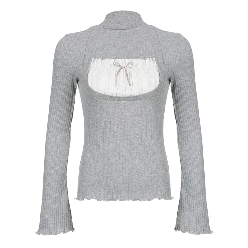 Cute Bow Stitched Crop Top for Women Kawaii Square Collar Full Sleeve Patchwork Fake Two-Piece Autumn Shirt