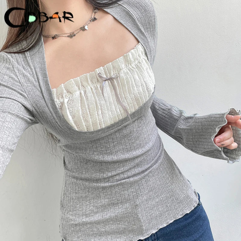Cute Bow Stitched Crop Top for Women Kawaii Square Collar Full Sleeve Patchwork Fake Two-Piece Autumn Shirt