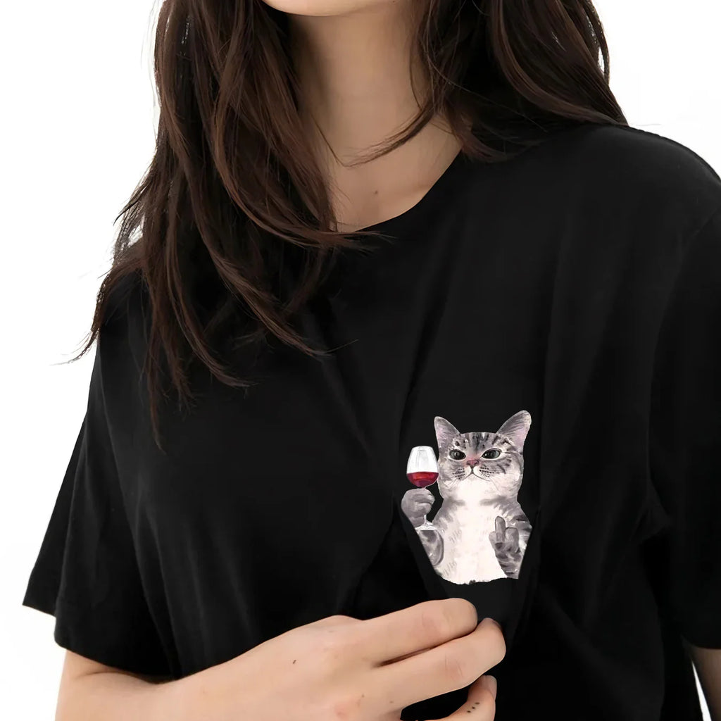 Red Wine Cotton T-Shirt with Bold Cat Middle Finger Graphic Casual Pocket Tee for Men and Women