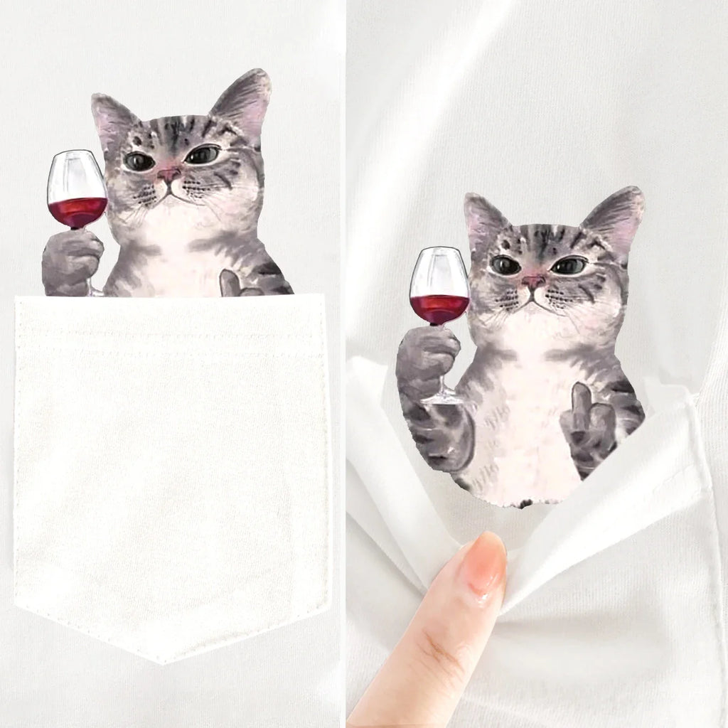 Red Wine Cotton T-Shirt with Bold Cat Middle Finger Graphic Casual Pocket Tee for Men and Women