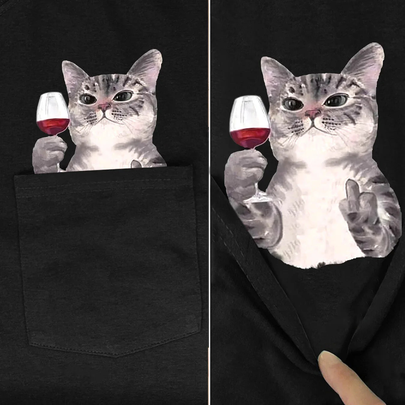 Red Wine Cotton T-Shirt with Bold Cat Middle Finger Graphic Casual Pocket Tee for Men and Women
