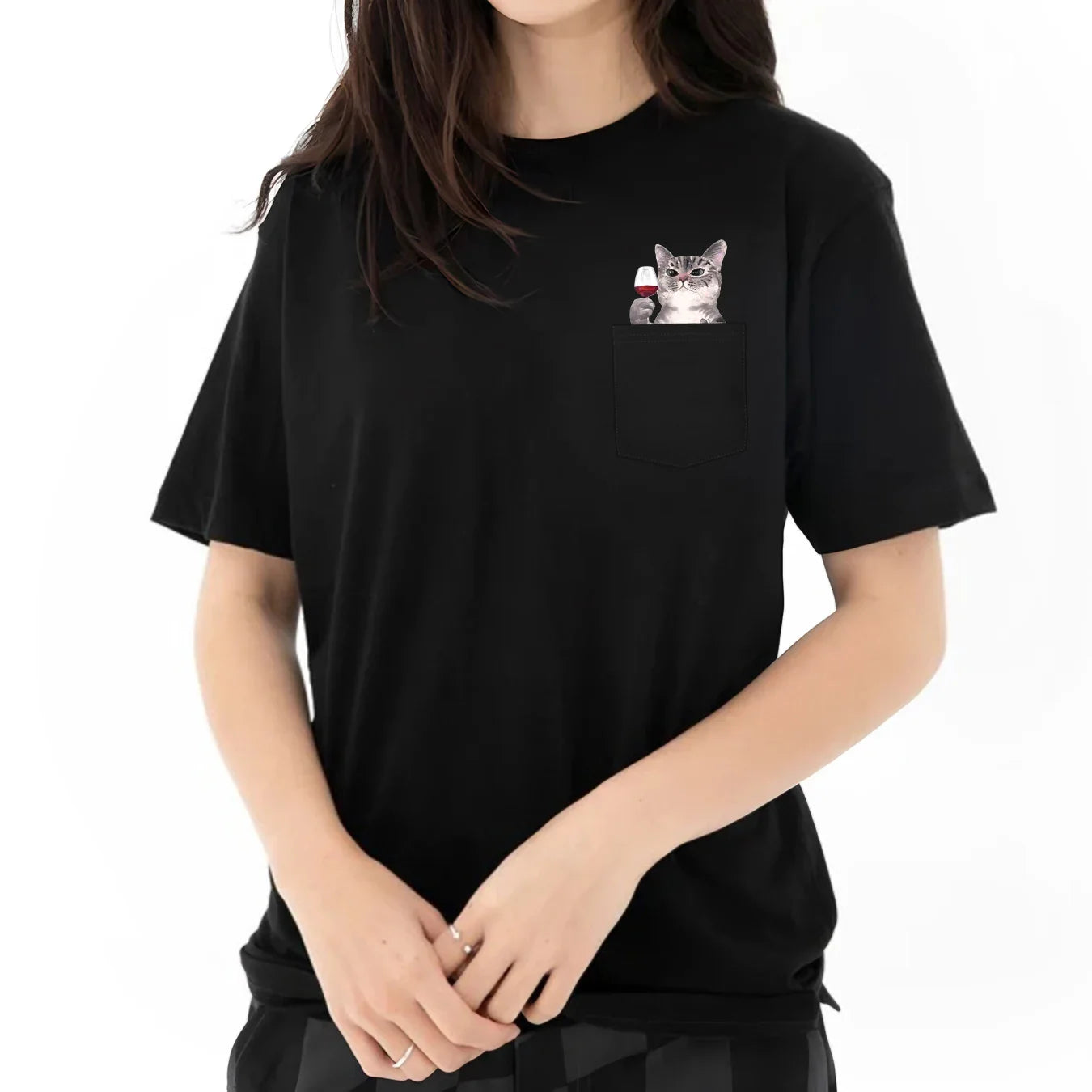Red Wine Cotton T-Shirt with Bold Cat Middle Finger Graphic Casual Pocket Tee for Men and Women