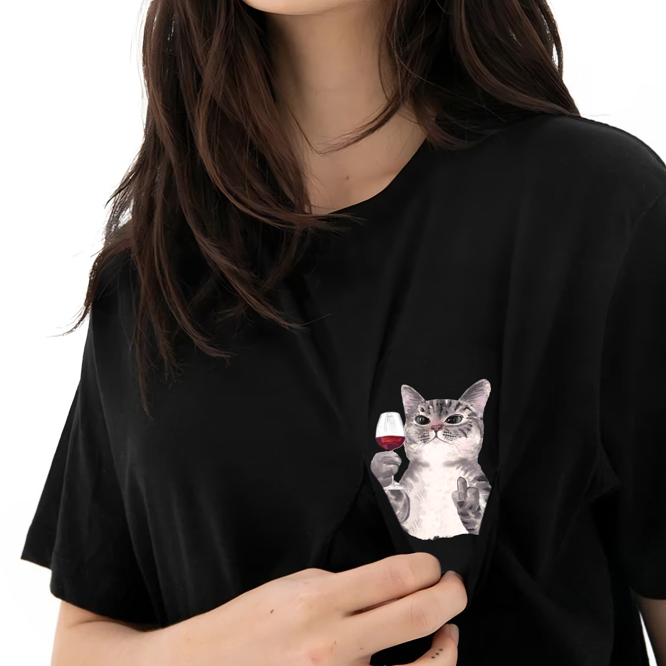Red Wine Cotton T-Shirt with Bold Cat Middle Finger Graphic Casual Pocket Tee for Men and Women