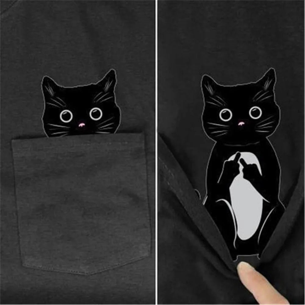 Red Wine Cotton T-Shirt with Bold Cat Middle Finger Graphic Casual Pocket Tee for Men and Women
