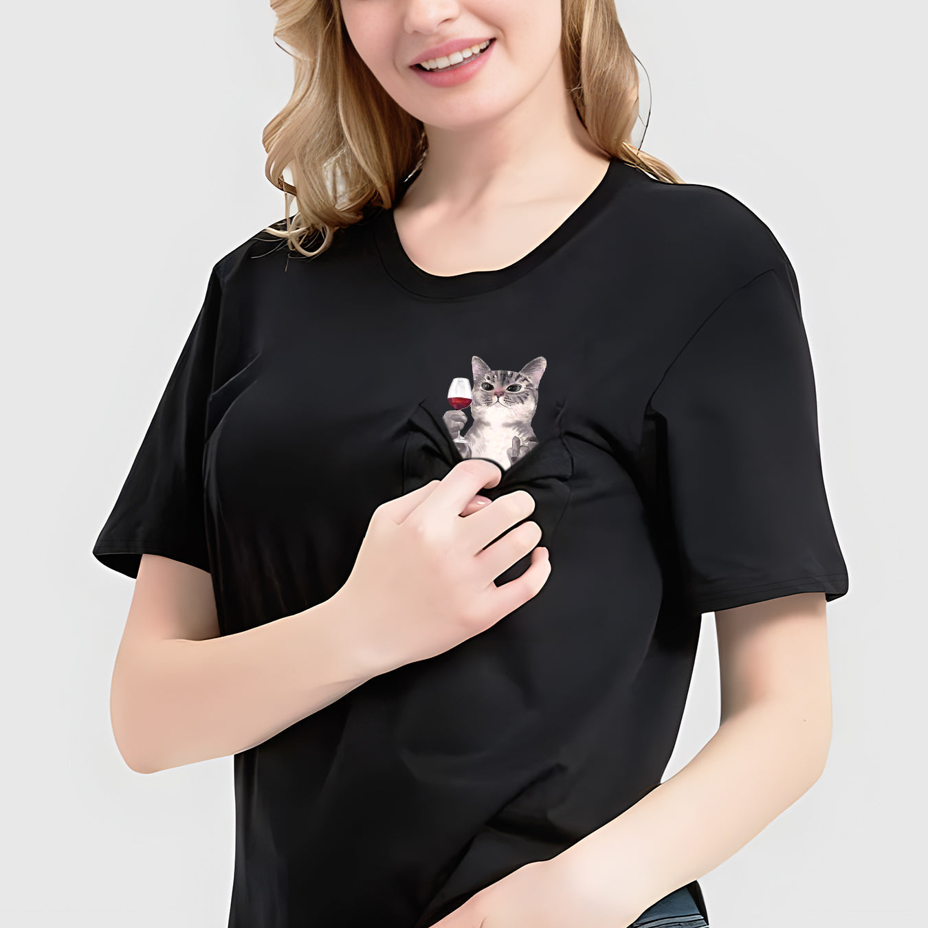 Red Wine Cotton T-Shirt with Bold Cat Middle Finger Graphic Casual Pocket Tee for Men and Women
