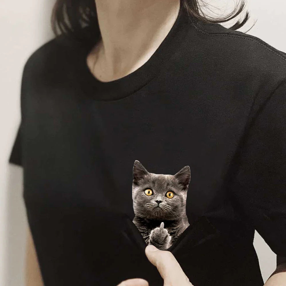 Unisex Cotton T-Shirt with Cute Cat Pocket Print Soft Breathable Summer Tee Casual Hip Hop Style Animal Sticker Graphic Top