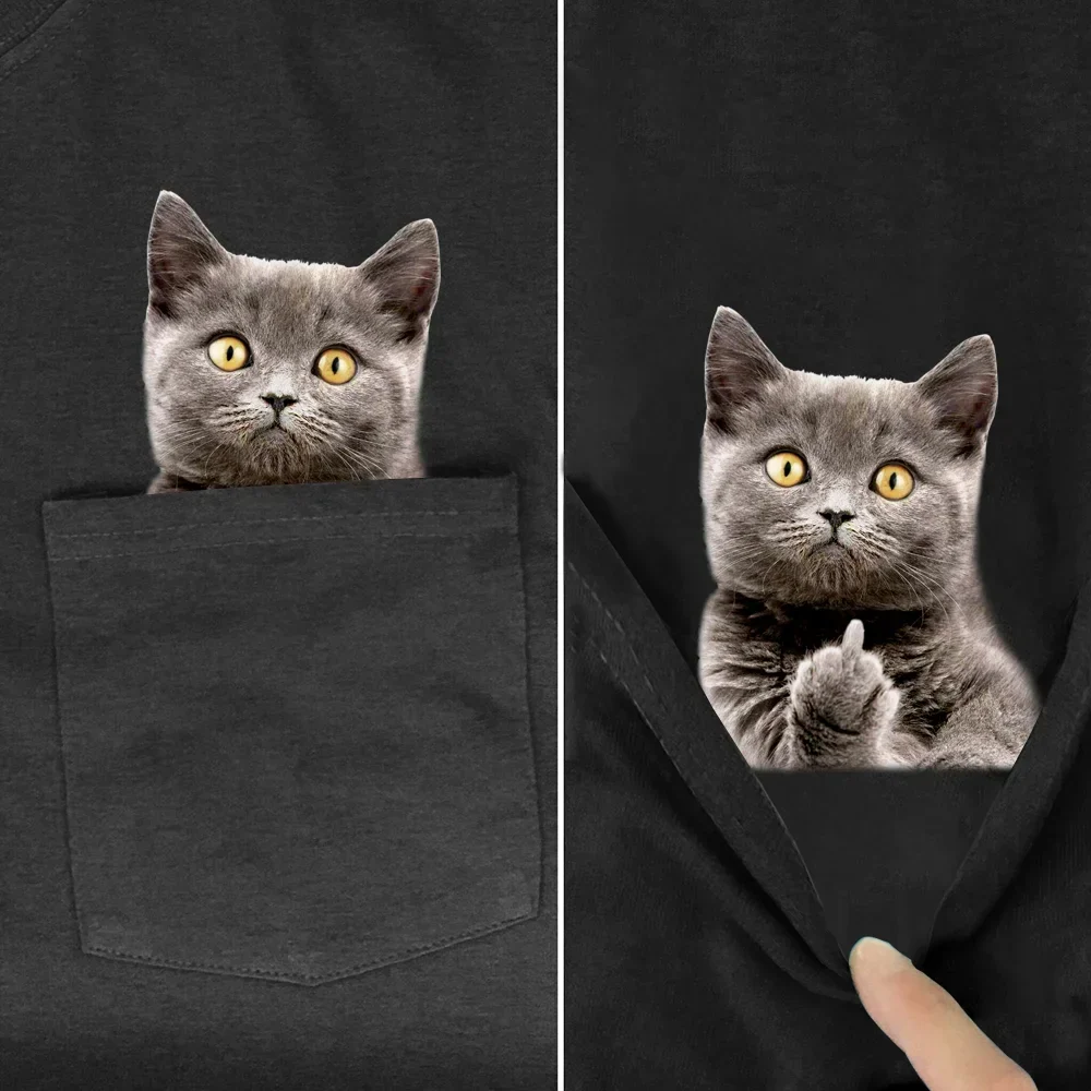 Unisex Cotton T-Shirt with Cute Cat Pocket Print Soft Breathable Summer Tee Casual Hip Hop Style Animal Sticker Graphic Top