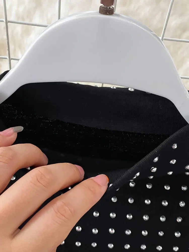 Sexy Black Diamond Two Piece Set Women Sleeveless Crop Top and High Waist Split Skirt Party Clubwear