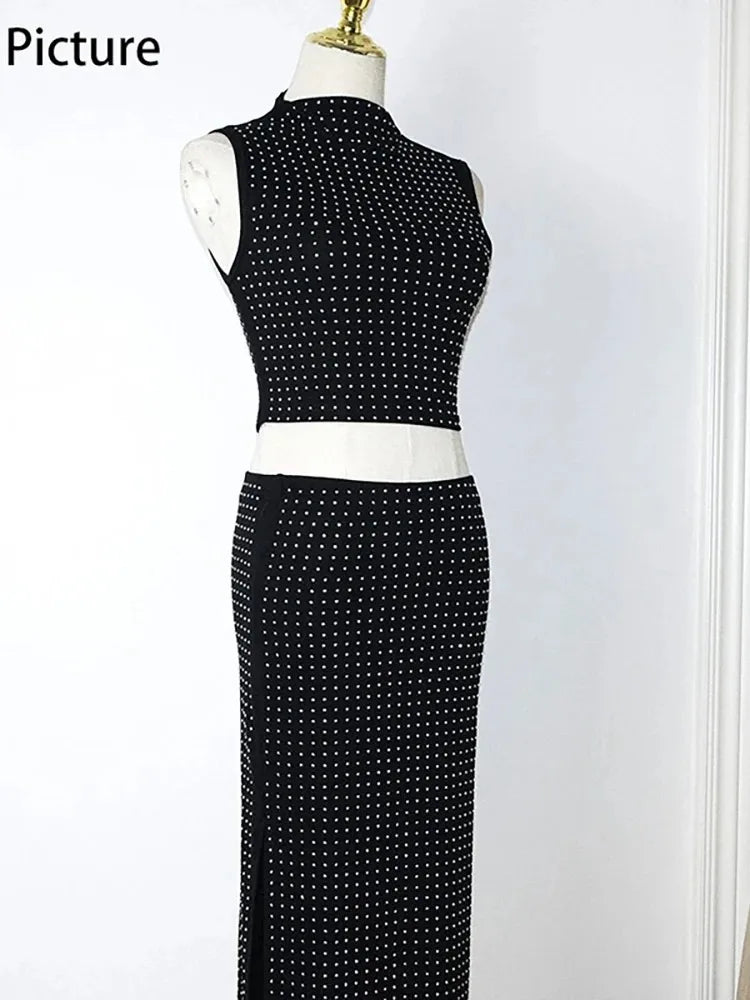Sexy Black Diamond Two Piece Set Women Sleeveless Crop Top and High Waist Split Skirt Party Clubwear