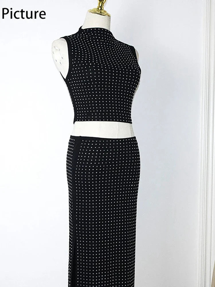Sexy Black Diamond Two Piece Set Women Sleeveless Crop Top and High Waist Split Skirt Party Clubwear