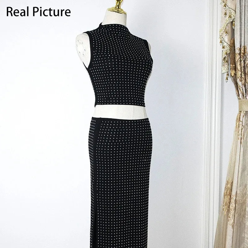 Sexy Black Diamond Two Piece Set Women Sleeveless Crop Top and High Waist Split Skirt Party Clubwear